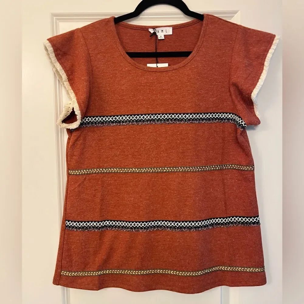 NWT ANTHROPOLOGIE THML Fringe Short Sleeve Blouse Copper Women’s Size Medium